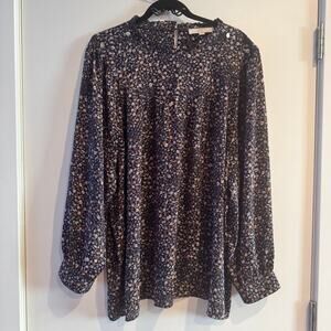 Loft Floral Top Blouse Blue White Ruffle Button Back Long Sleeve Plus Size 24